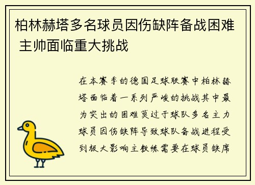 柏林赫塔多名球员因伤缺阵备战困难 主帅面临重大挑战
