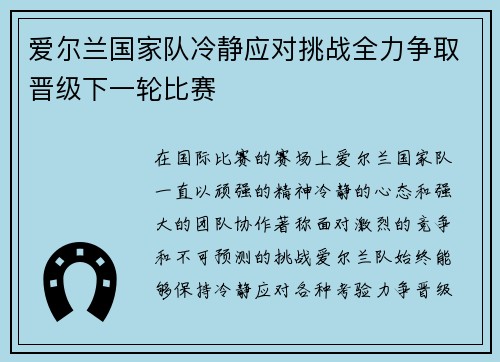 爱尔兰国家队冷静应对挑战全力争取晋级下一轮比赛