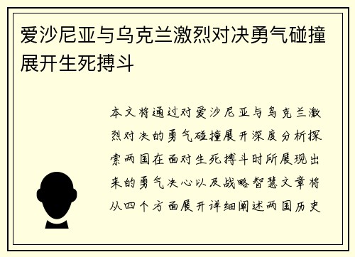 爱沙尼亚与乌克兰激烈对决勇气碰撞展开生死搏斗